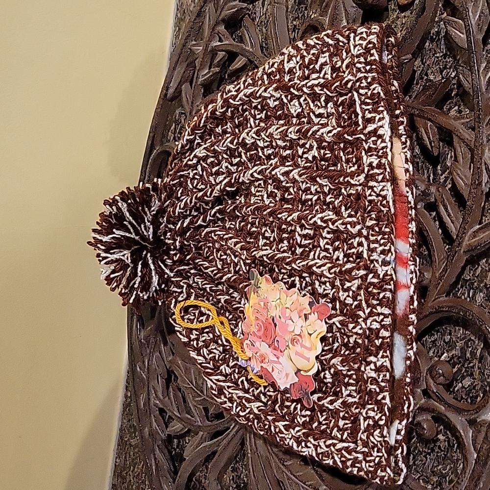 Ladies Acrylic pom-pom hat beanie fleece lining at ears handmade
